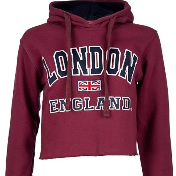 London England Hoodie Crop Sweatshirt Burgundy Front Large Patches Long Sleeve S - Picture 15 of 16